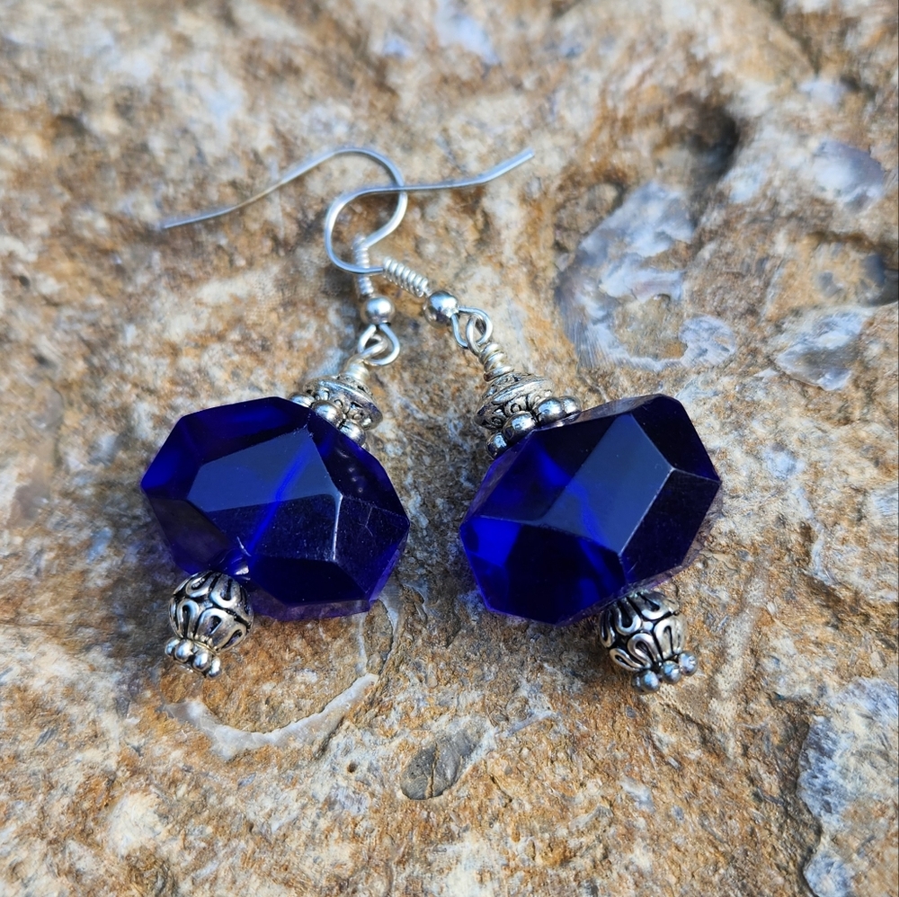 Deep Blue Czech Glass dangle earrings with silver accent beads.
